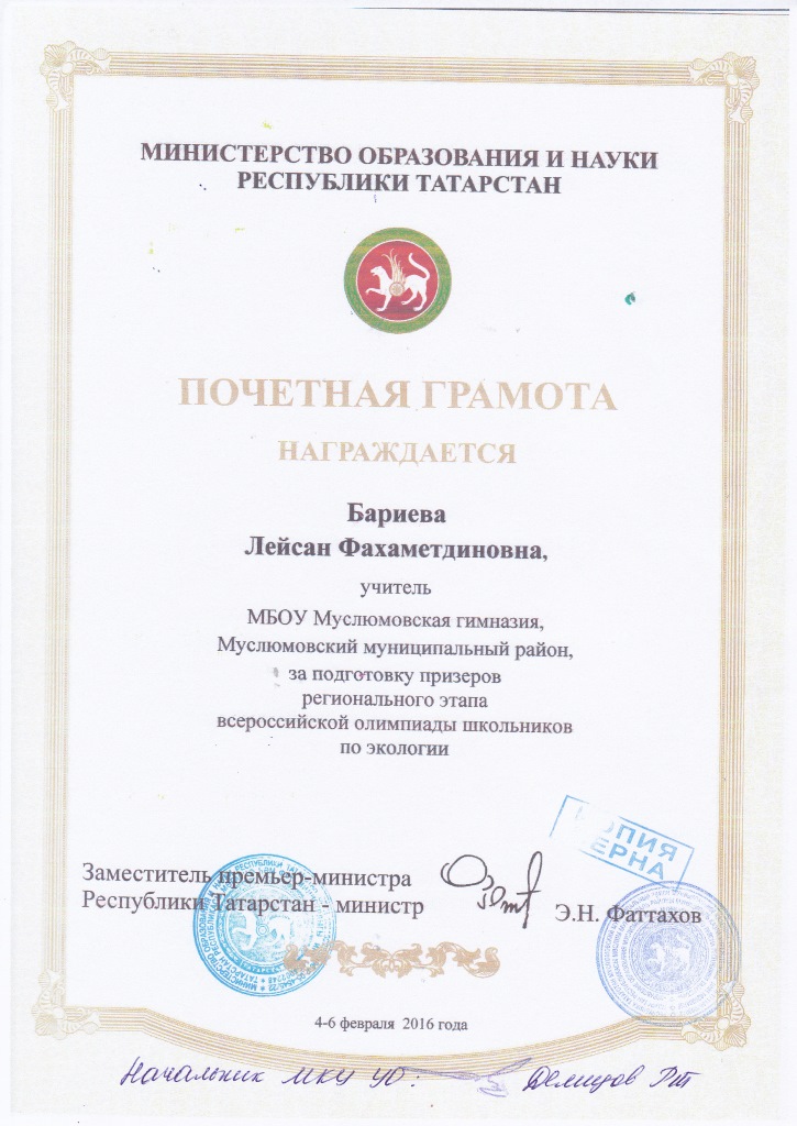 Почетная грамота МО и Н РТ за подготовку призёра олимпиад Почетная грамота МО и Н РТ за подготовку призёра олимпиад